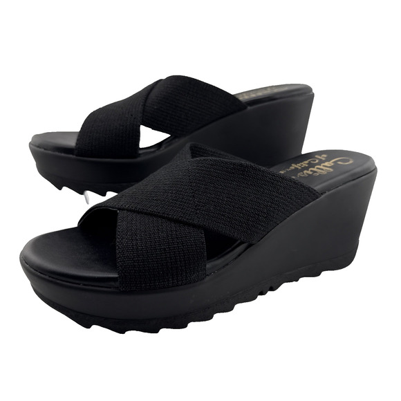CALLISTO OF CALIFORNIA Black Stretch Cross Cross Fabric Wedge Sandals Size 8 NWB - Picture 1 of 12